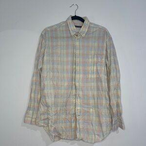 Cream Casual Button Down Shirt with Plaid Design